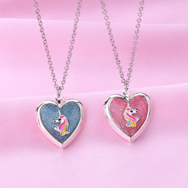 2Pcs/set Silver Color Photo Locket Necklace Can Put Photo Colorful Unicorn Heart Shaped Pendant Necklace For Women