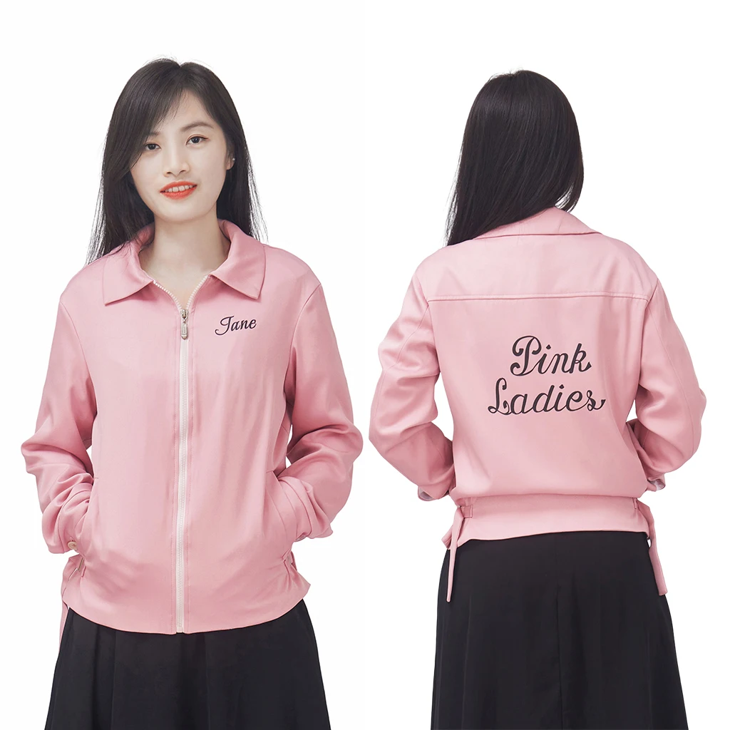 Grease Rise Of The Pink Ladies Cosplay Costume Jane Nancy Olivia Cynthia Cosplay Pink Coat Women Zipper Jacket Halloween Clothes