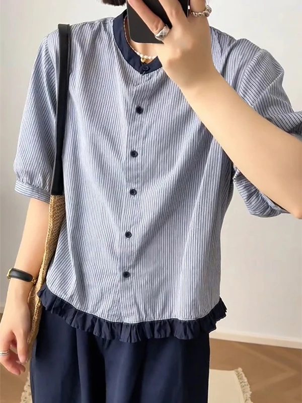 

plus Size 300 Pou Women's irt Wooden ort Sve Loose Bubble Sve Striped Casual Top Summer Faion plus Size