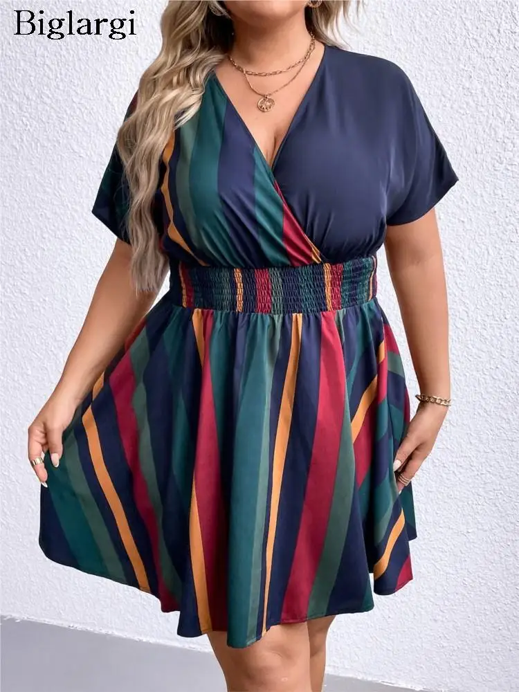 Vestido midi plissado listrado feminino, vestido casual feminino, plissado, plus size, moda verão, 2023