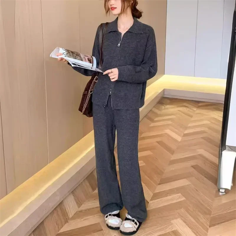 Korean style lazy style lapel sweater suit autumn and winter new zipper loose knitted wide-leg pants two-piece set for women