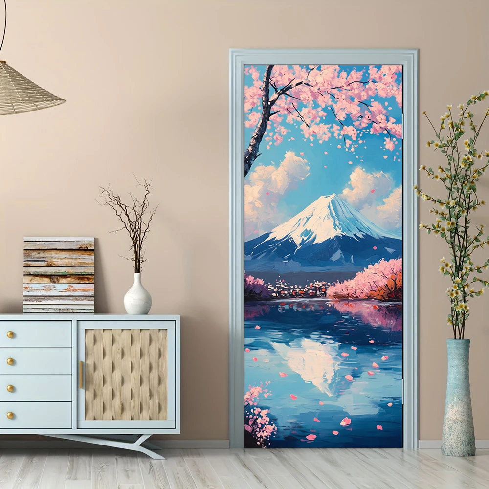1 Stück Fuji Mountain Kirschblüten-dekorative Türaufkleber im japanischen Stil und selbstklebende Wandaufkleber für das Wohnzimmer
