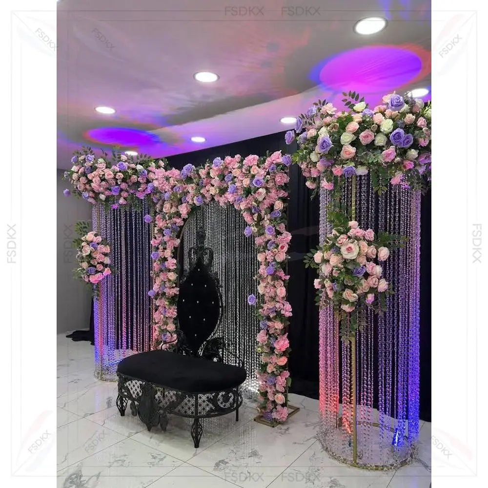 

New Design Crystal Wedding Chuppah Background Golden Stainless Steel Metal Arch Crystal Curved Backdrop