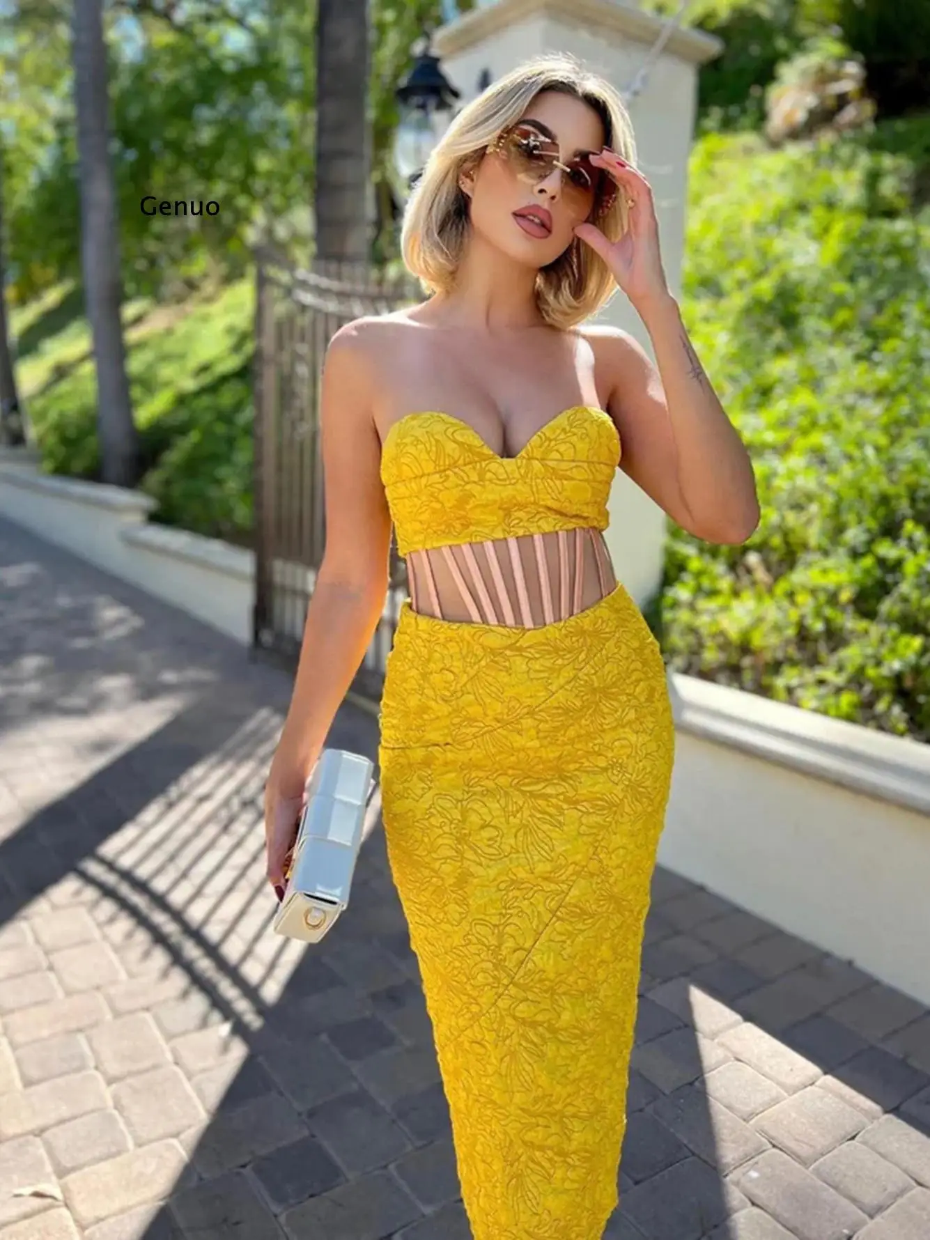 

High Quality Summer Sexy Off Shoulder Backless Mesh Bodycon Yellow Dress Women 2022 Elegant Evening Party Club Dress