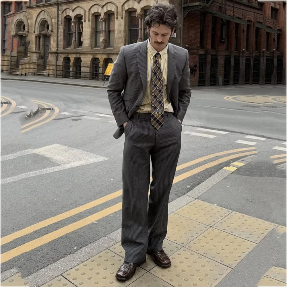 Grey Pinstripe Casual Suit For Men Single Breasted Notched Lapel Blazer Pants Vintage Formal Business Office Retro Male Clothes