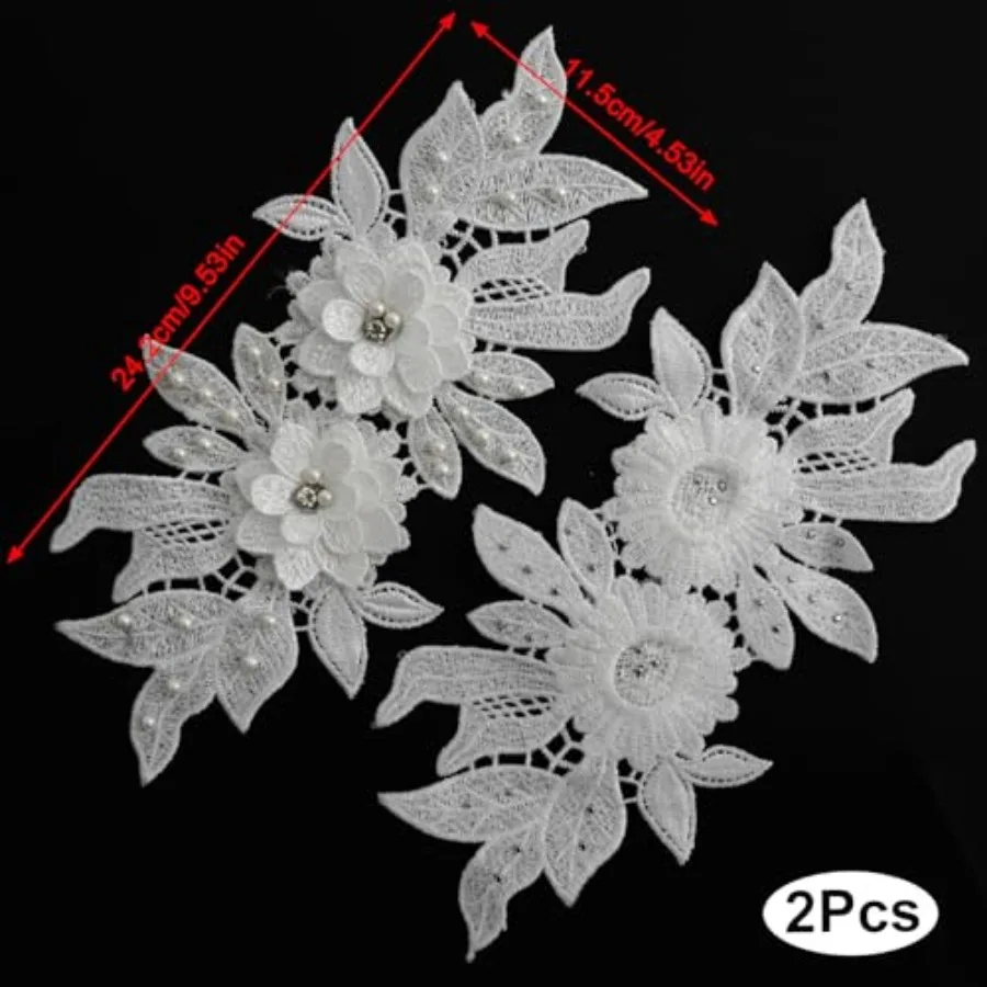 2 Pieces 3D Lace Beads Flower Embroidered Patches Pair of Sequin Lace Sewing On Appliques for Wedding Dress Collar Decor DIY Cr view 3