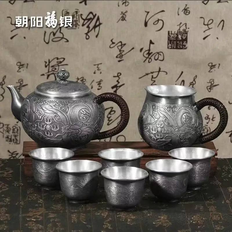 Silver antique Double Dragon Play Pearl tea set with exquisite silver pot craftsmanship for home gift - exquisite gift box set - Image 2