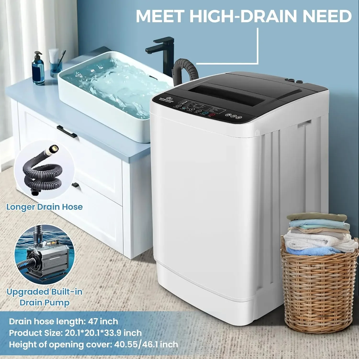 Nictemaw Portable Washing Machine, 20Lbs Capacity Portable Washer with Drain Pump, 4 Wash Programs 4 Water Levels 3 Water