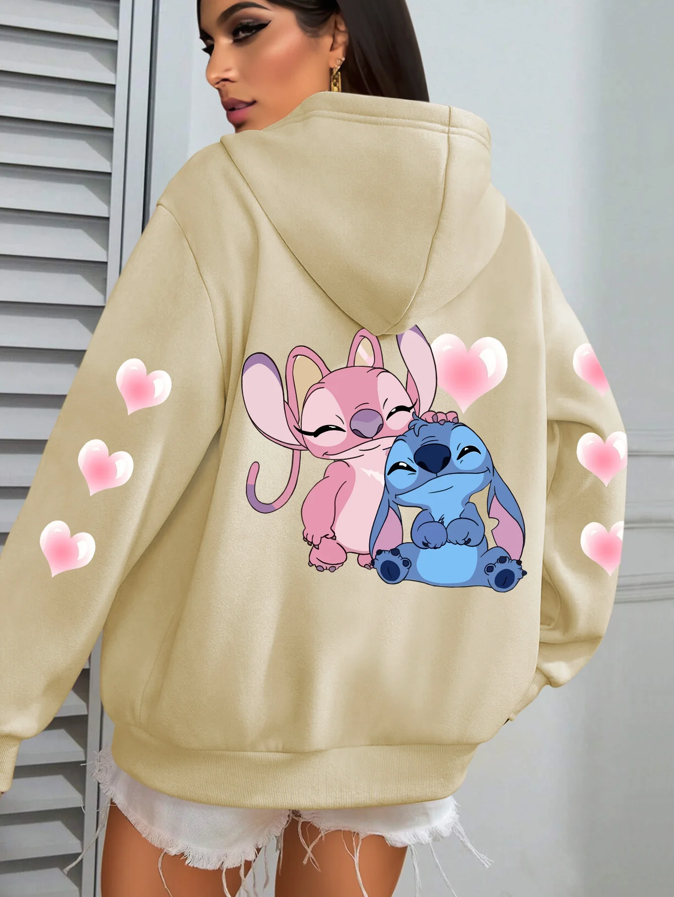 Damska bluza z kapturem z polaru z motywem Disney Stitch na jesień i zimę, unisex, streetwear, oversize, luźna, casualowa.