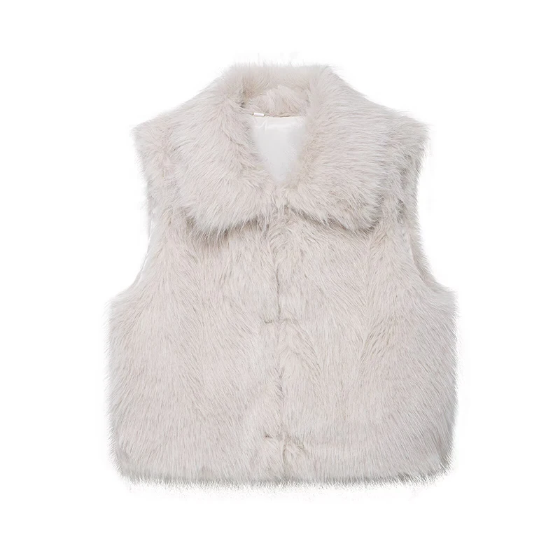 

Willshela Women Fashion Faux Fur Beige Hidden Breasted Sleeveless Jacket Vintage Lapel Neck Vest Female Chic Lady Waistcoats