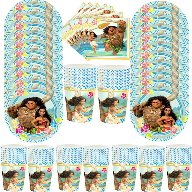 

Набор посуды с мотивом Моаны на день рождения, 60 шт./партия, Детские тарелки, чашки, украшения для посуды, детские салфетки, полотенца