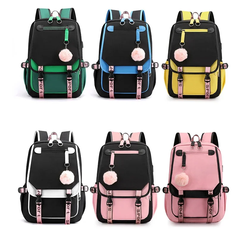 

Women's Large School Package Teenage Girls USB Port Canvas Schoolbag Student Book Bag Fashion Black School Backpack Dropshipping