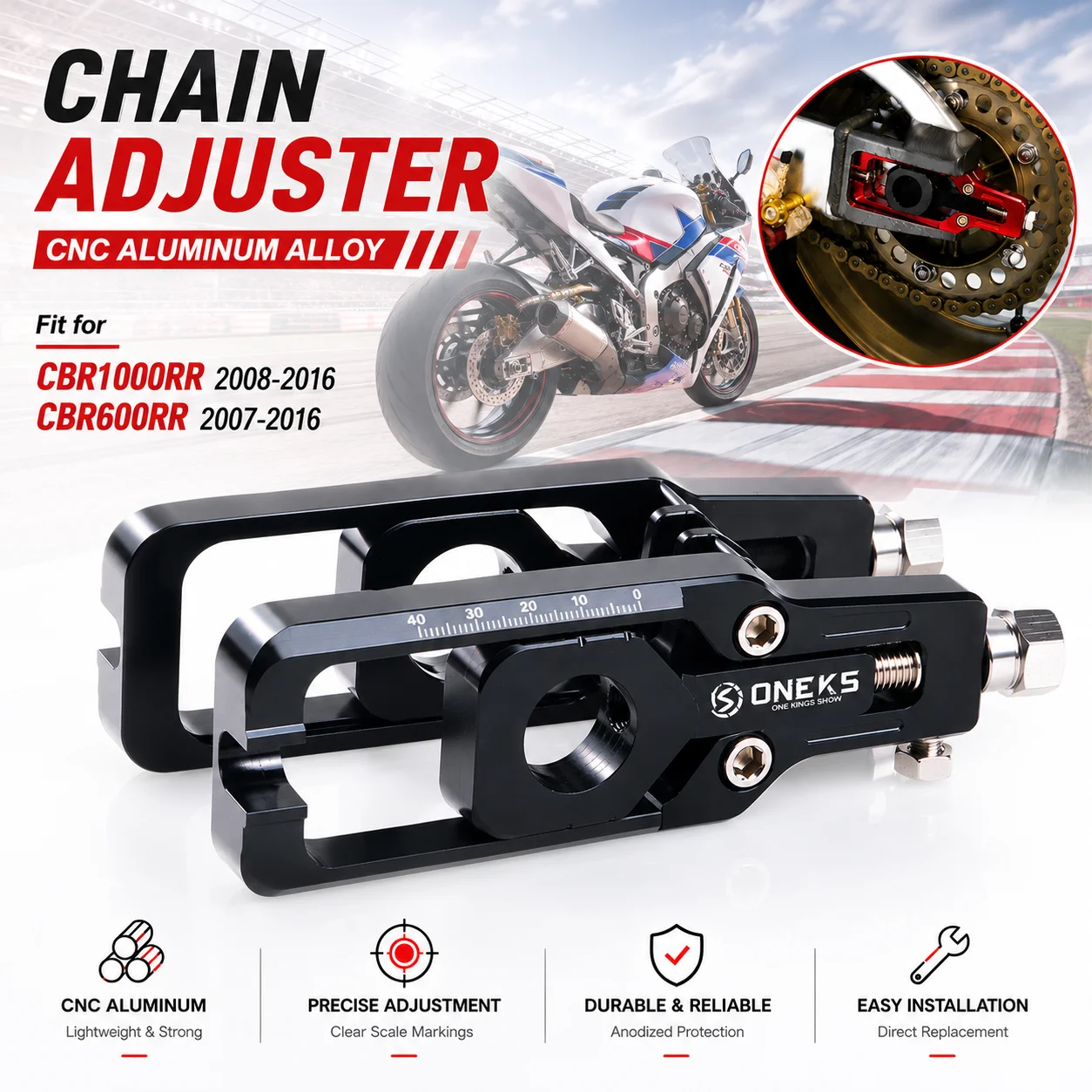 Motorcycle CNC Chain Adjuster Axle Block Rear Wheel Alignment Tensioner For Honda  CBR1000RR 2008-2016 CBR600RR 2007-2016