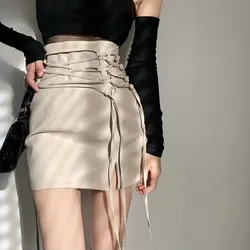 Party Club Hippie Pu Sexy Pleated Skirt Gothic Summer 2025 New Fashion Leather Solid Black Punk Skirts Pencil Women Clothes
