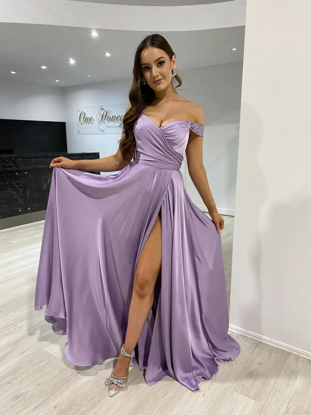 

Off Shoulder Bridesmaid Dresses Formal Gown for Wedding Satin Prom Dress Blue Women girl evening summer