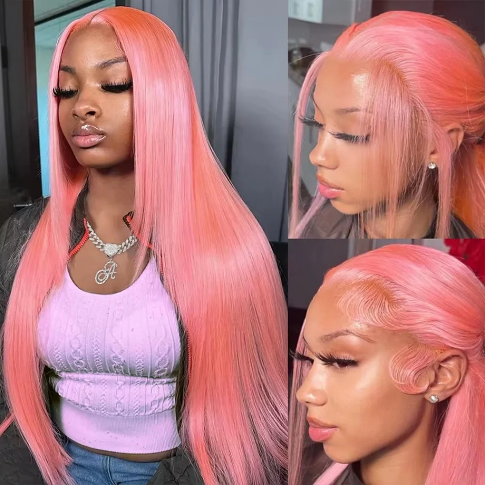 13x6 Hd Kant Frontale Pruik Roze Menselijk Haar Pre geplukt Braziliaans Bot Recht Menselijk Haar 13x4 Kant Voor Roze Gekleurde Pruik Voor Vrouwen - afbeelding 2