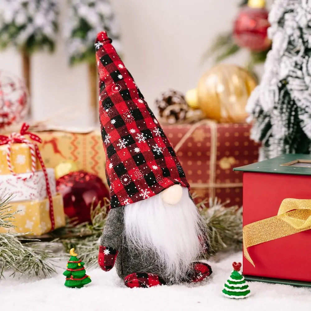 

Cute Christmas Checkered Gnome Doll Plush Cartoon Christmas Rudolf Doll Red Black Exquisite Faceless Gnome Ornaments