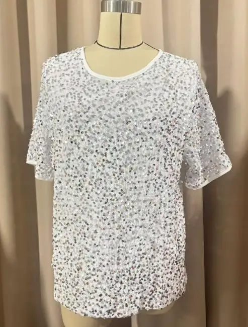 

2025 Summer New Popular Commuter Loose fit Short sleeved Bag neck Round neck Top Women's Glitter T-shirt