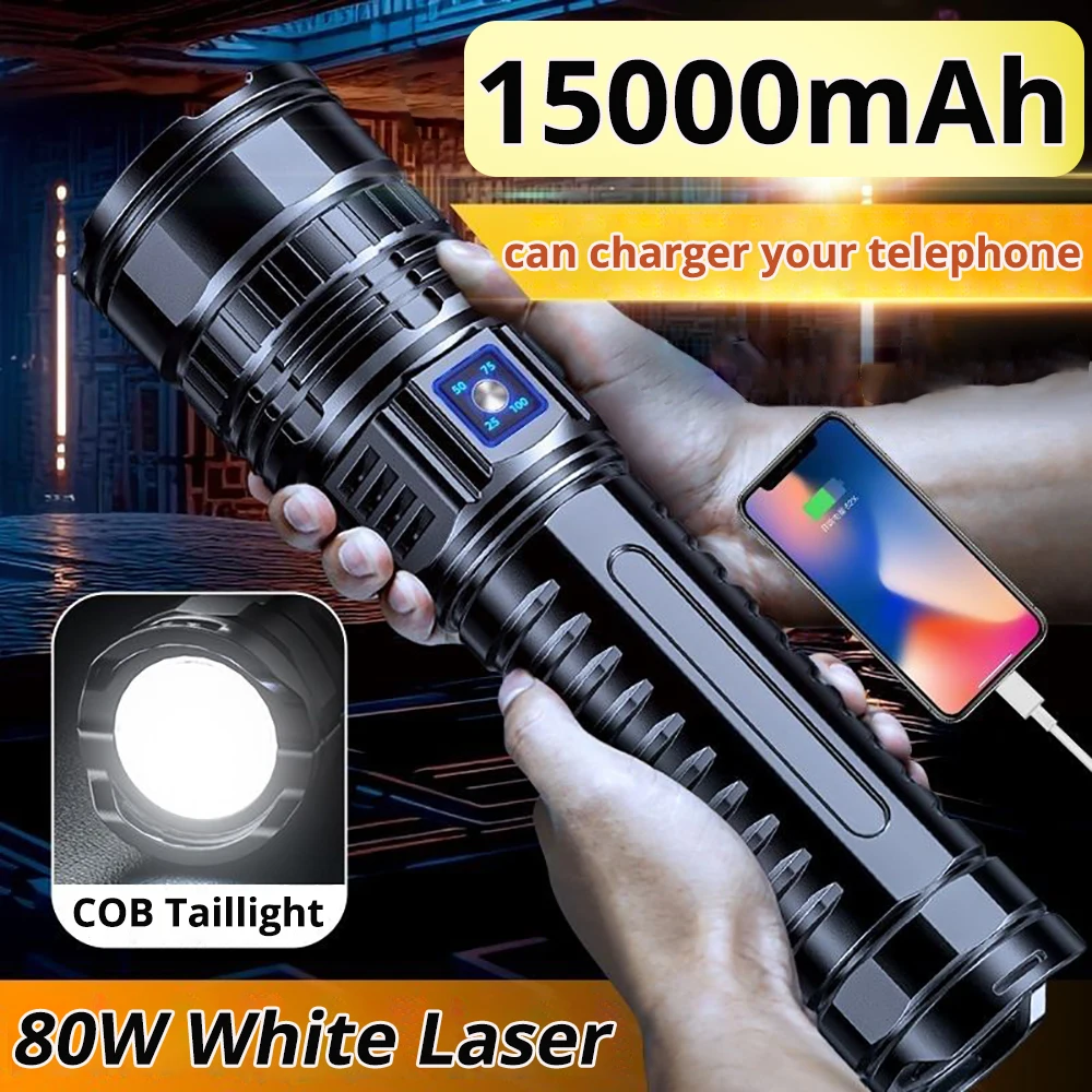 Built-in Battery 15000mah Brightest Flash Light Emergency Spotlights 4km 10000LM 80W Most Powerful Led Flashlights Tactical