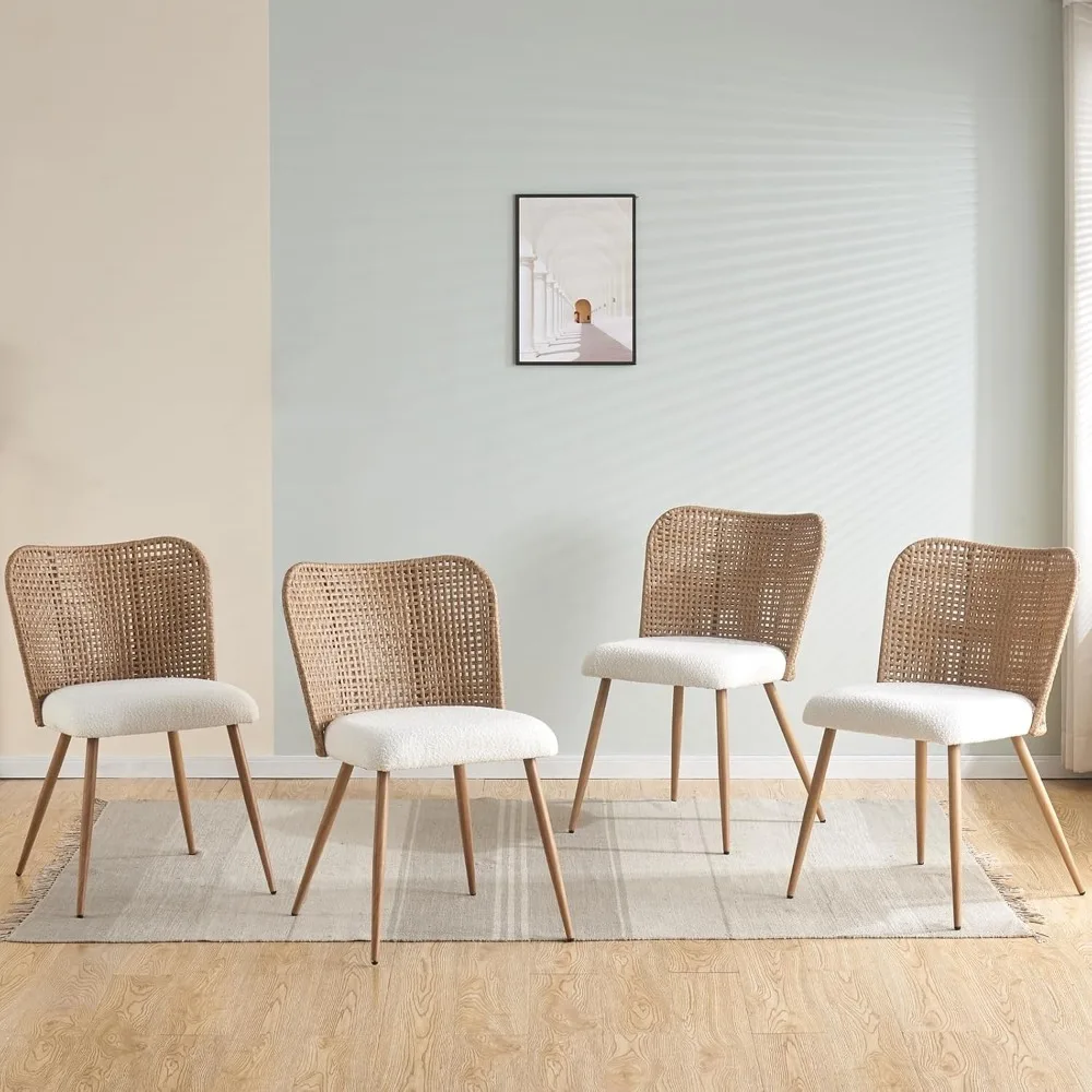 

Set of 4 Modern Rattan Dining Chairs, Upholstered Kitchen Accent Chairs with Full PE Cane Back & Metal Legs