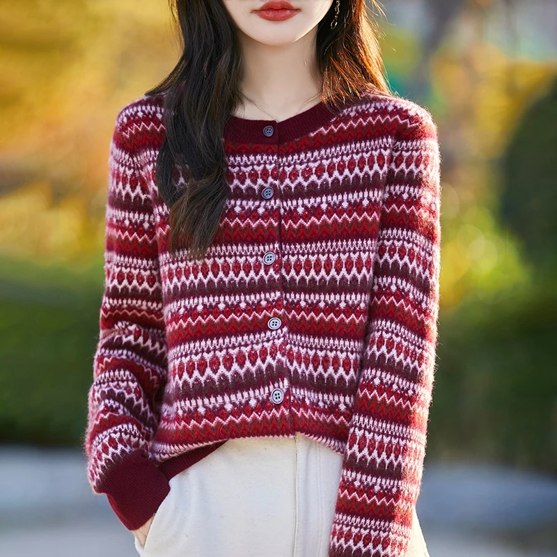 Ladies' Christmas Red Retro Knitted Cardigan Winter New 100% Pure Wool Round Neck Long Sleeve Contrast Sweater Coat Female Tops