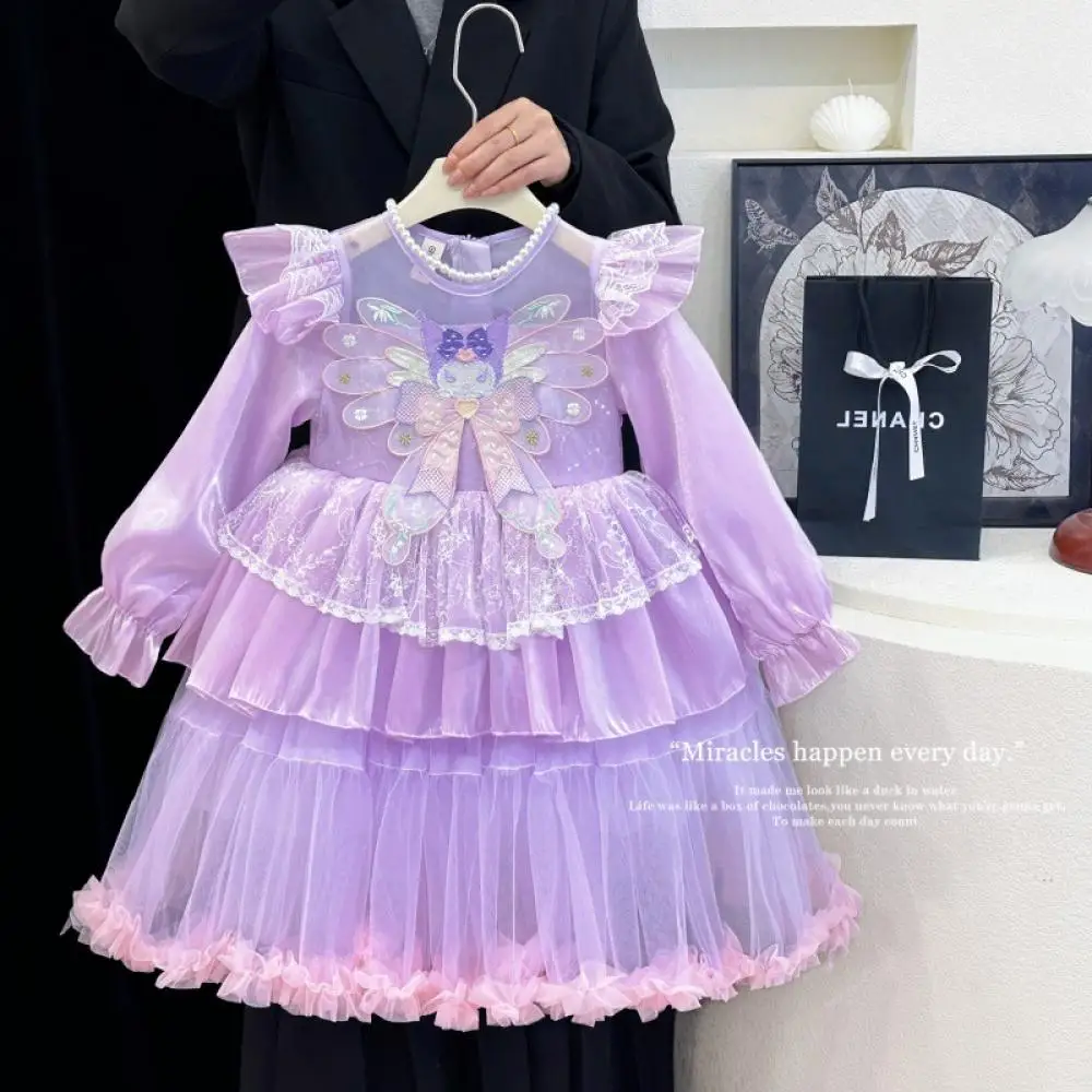 

Kawaii Sanrio Dresses Spring New Kuromi Children Lolita Princess Dress Anime Girls Cosplay Dresses Lace Puffy Skirt Party Dress
