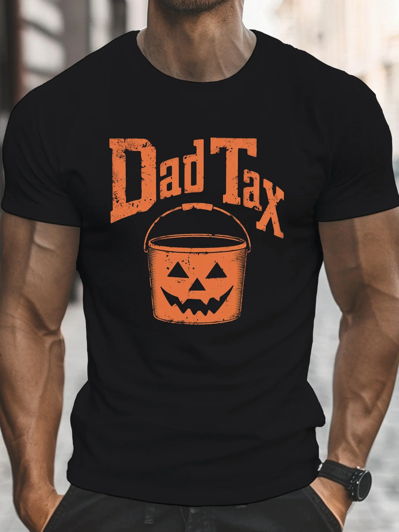 Men's Funny 'DAD TAX' Halloween T-Shirt - White  Orange Pumpkin Bucket Print with Dripping Letters, Casual Crew Neck Short Sleeve Tee for Dad Gifts, Costume Parties  Casual Attire (Regular Fit)