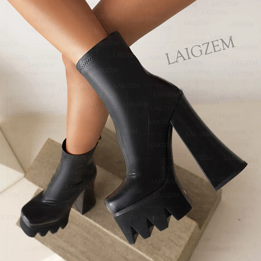 LAIGZEM Women Ankle Boots Platform Elastic Pull On/ Side Zip Chunky Thick High Heels Short Booties Shoes Woman Large Size 41 43