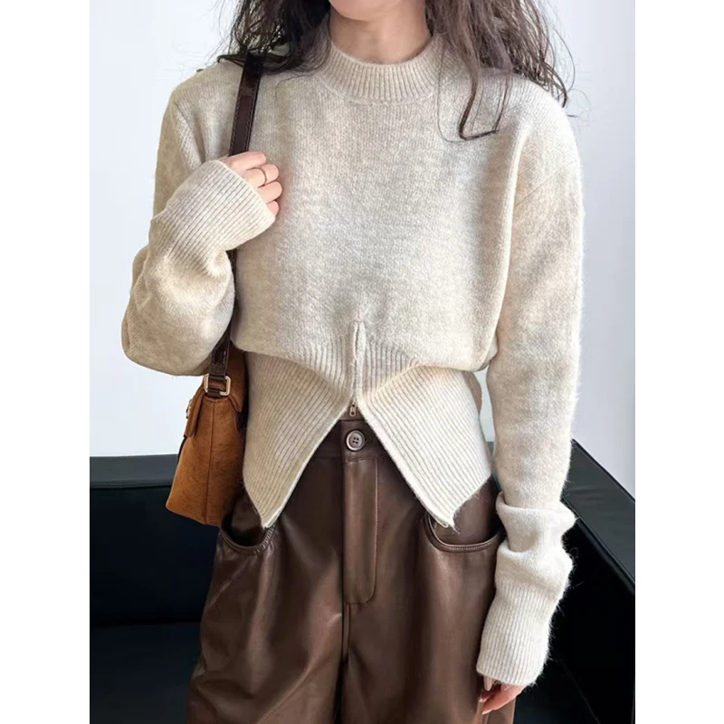 

Fashion Autumn Winter Pullover Women Sweater Zipper Split Loose Casual Office Tops Knitted Jumper Solid Color Office Clothing