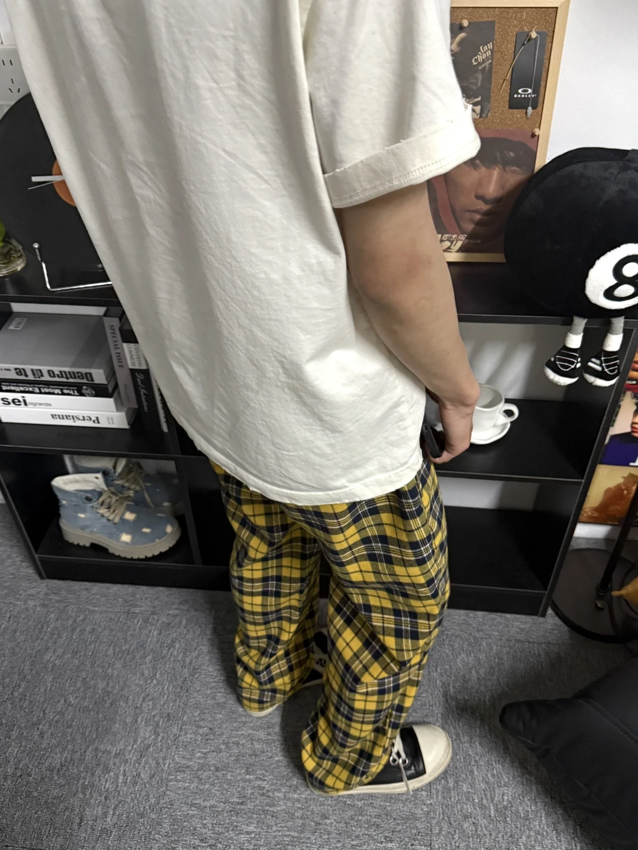 

American Street Lazy Yellow Plaid Wide Leg Pants Men's All Seasons Casual Embroidery Design Versatile Straight Leg Trousers
