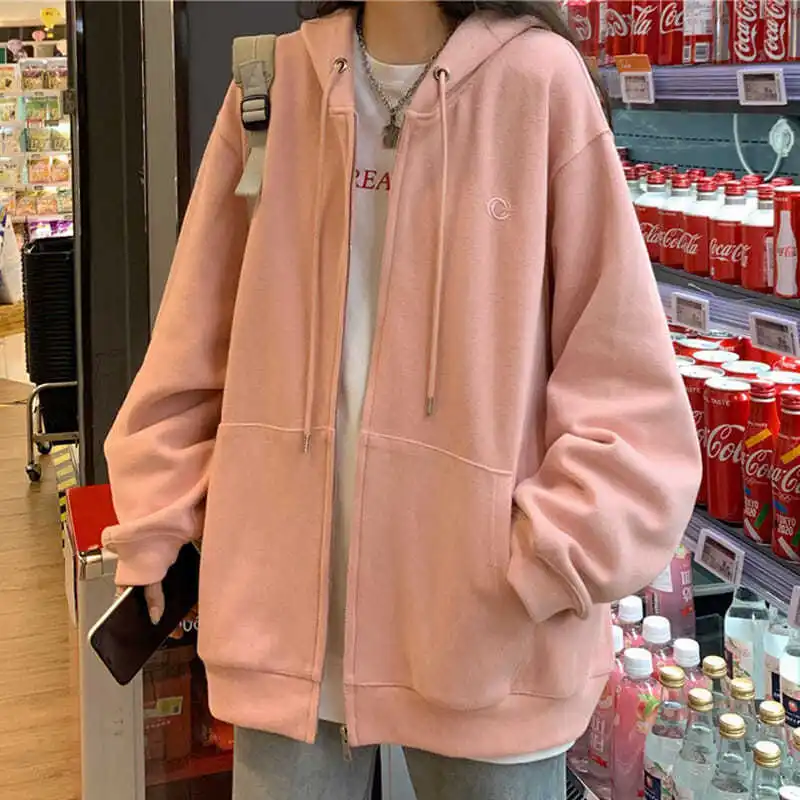 Hooded Sweatshirts Women Zip-up Spring Autumn Front Pocket Loose Korean Style Solid Color Casual Students Chic All-match Coats