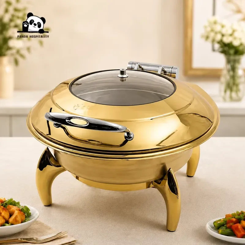 Round Gold Stainless Steel Buffet Heater Set Commercial Food Warmer with Glass Cover Deluxe Hotel Supplies for Catering