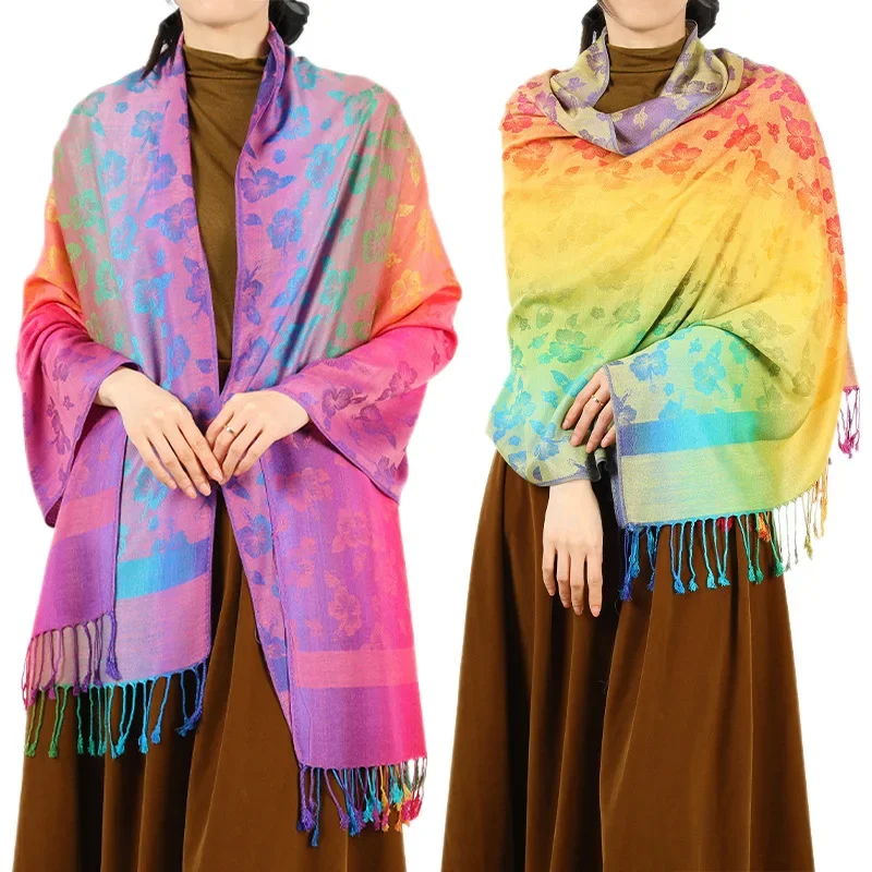 Ethnic Style Long Shawl with Tassel for Women Color Jacquard Cashew Scarf Travel Photo Scarf Luxury Clothes Spring and Autumn