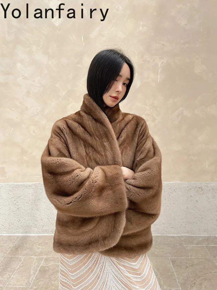 YOLANFAIRY High-end Velvet Mink Real Fur Coat Woman Elegant Winter 2026 Natural Mink Fur Jacket Loose Coffee Color Coats 60cm