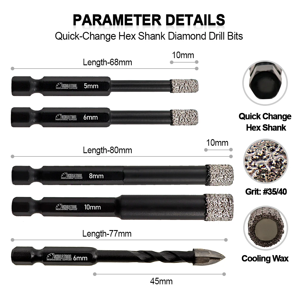 SHDIATOOL Diamond 5/6/8/10MM Dry Drilling Bits Quick-Fit Shank 6mm Carbide Porcelain Tile Marble Granite Masonry Hole Saw Cutter