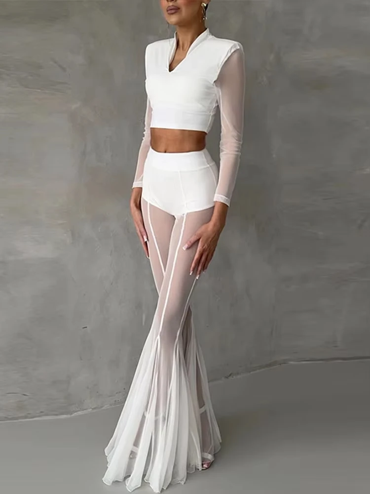 Summer Loose Hollow Out Wide Leg Pants Women Shiny Fashion See Through Street Trousers  New Lady Mesh Holiday Outerwear