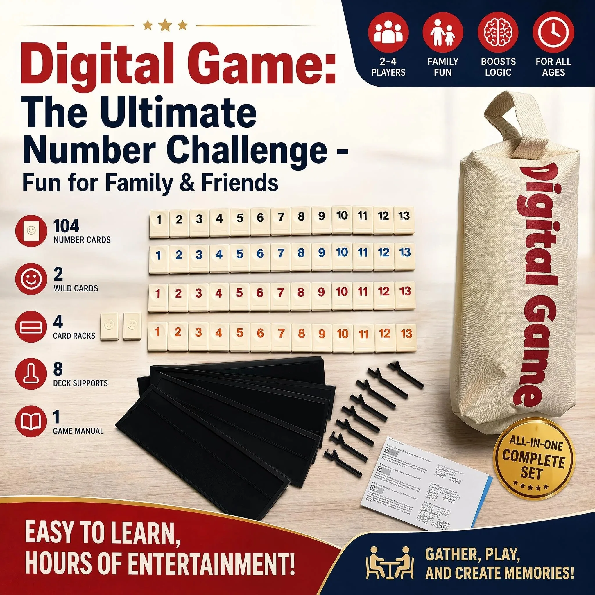 Juego de cartas Rummy (106 cartas) 4 soportes para cartas | Bolsa de transporte portátil | Juego de mesa clásico para 2-4 jugadores | Reuniones familiares y viajes