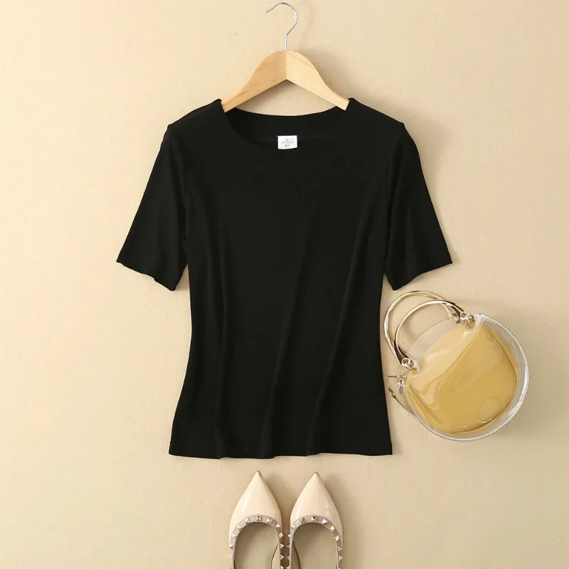 

100% Real Silk Women's T-shirts Summer Black O-Neck Silk Short Sleeve Solid Color Top Women Fashion Office Lady Woman Clothes Zm