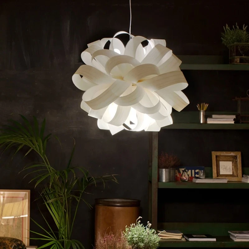 

Minimalist Nordic Handmade Wooden Pendant Light Veneer Chandelier for Living Room Dining Room Bedroom Art Lamp Decor Suspension