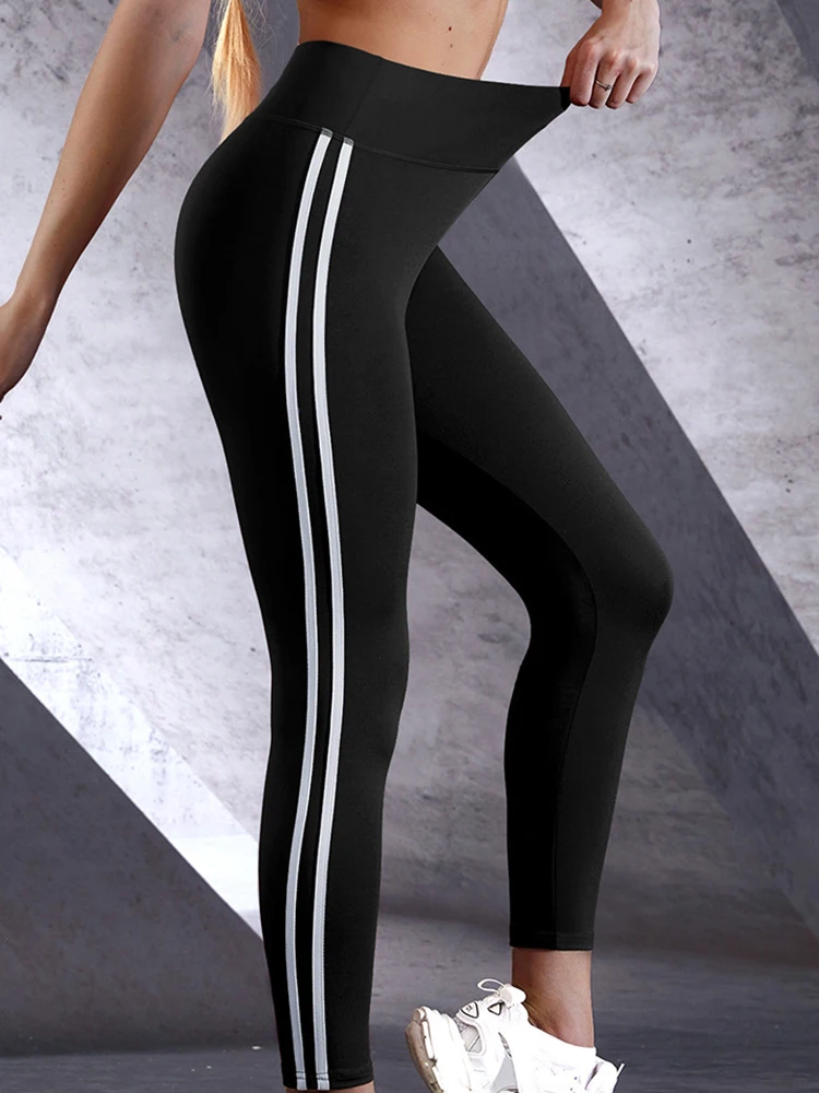 New Yoga Leggings for Ladies Sportswear Stripe Printing Tight Pants Gym Push Up Trousers Black Blue Red