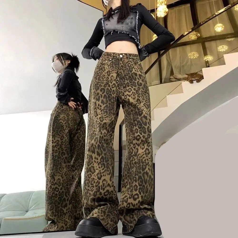 

Simple Baggy Leopard Print Jeans Straight Leg Wide Leg Cowboy Pants Ins Style Retro High Waist Pants Girls