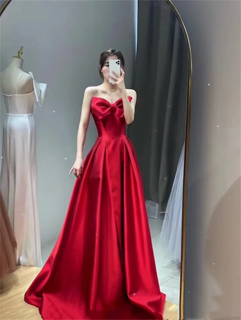 

Red 3D-Bow Evening Dresses A Line Evening Dress Shoulder Backless Prom Dress with High Split Customized