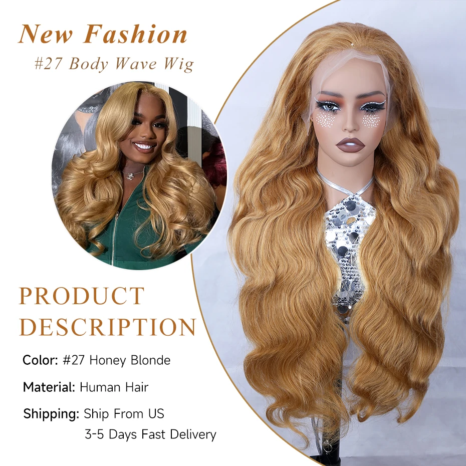 Body Wave 13x6 Honey Blonde Lace Frontal Wig Brazilian #27 Blonde Colored Human Hair Wigs For Women Pre Plucked 13X6 HD Lace Wig image 3