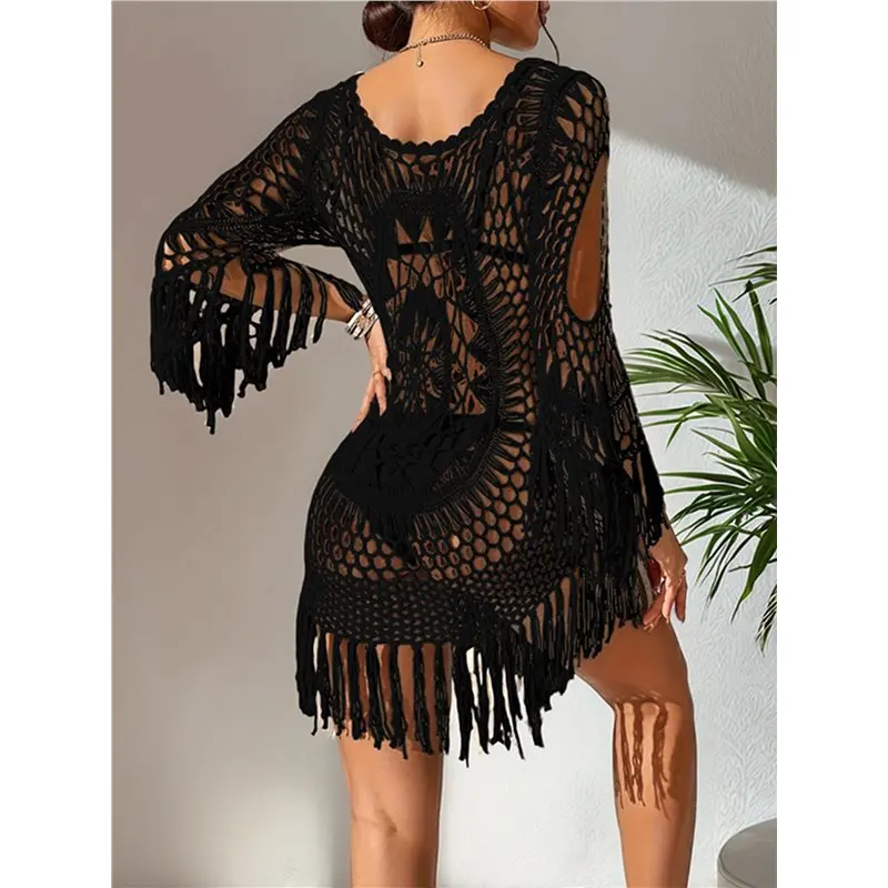 Women Bohemian Handmade Crochet Hollow Mesh Long Tassel Hem See Through Loose Beach Cover Up Dress Black One Size Eco-Friendly