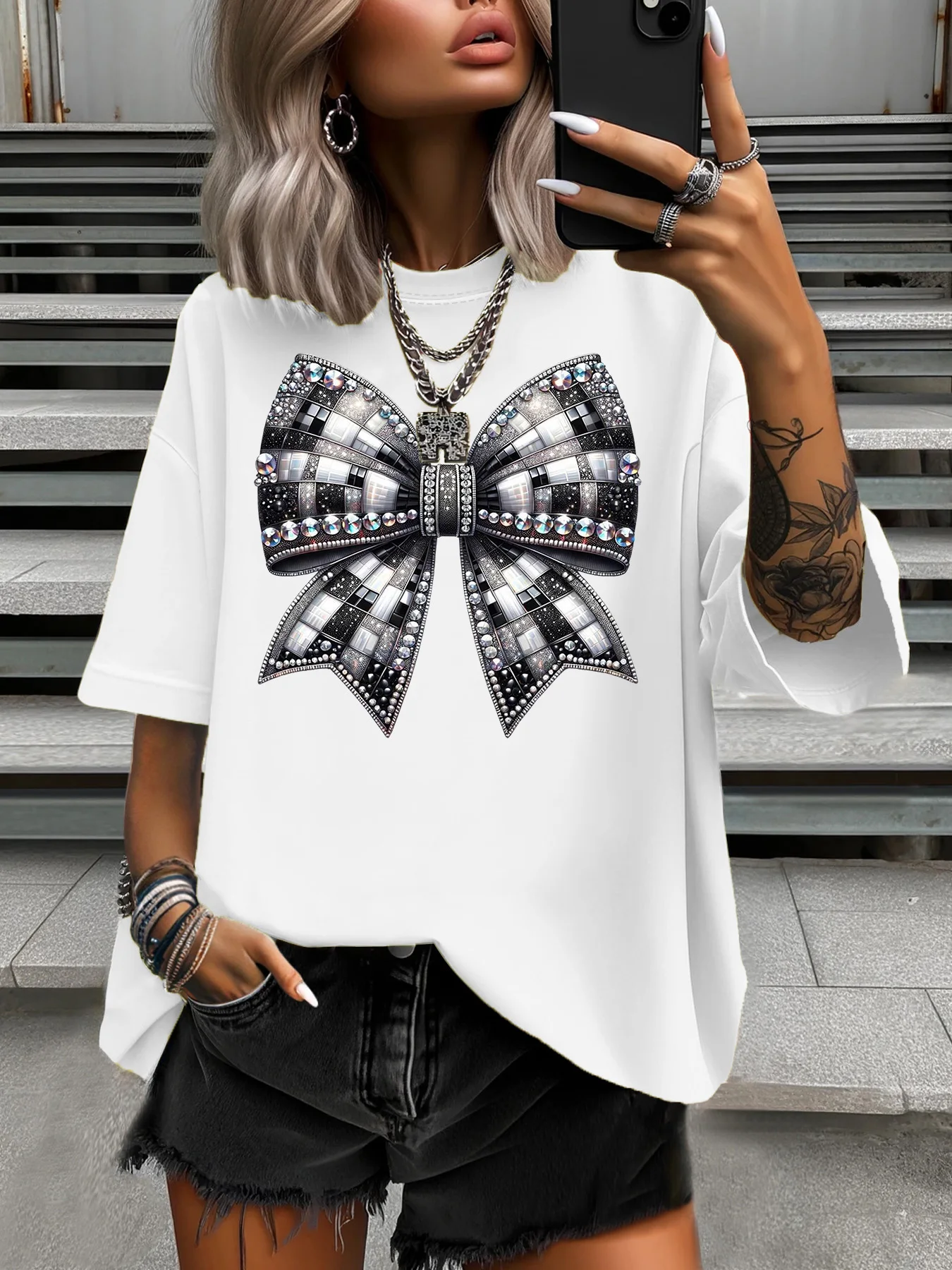 

Летняя женская футболка больших размеров, оригинальный дизайн, бриллиантовый бант с принтом, женские повседневные мягкие топы с круглым вырезом и короткими рукавами