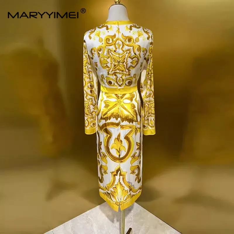 MARYYIMEI Fashion Designer spring Summer Women's Silk O-Neck Pretty Slim-Fit Hip Wrap Split Baroque Printed Elegant Dresses