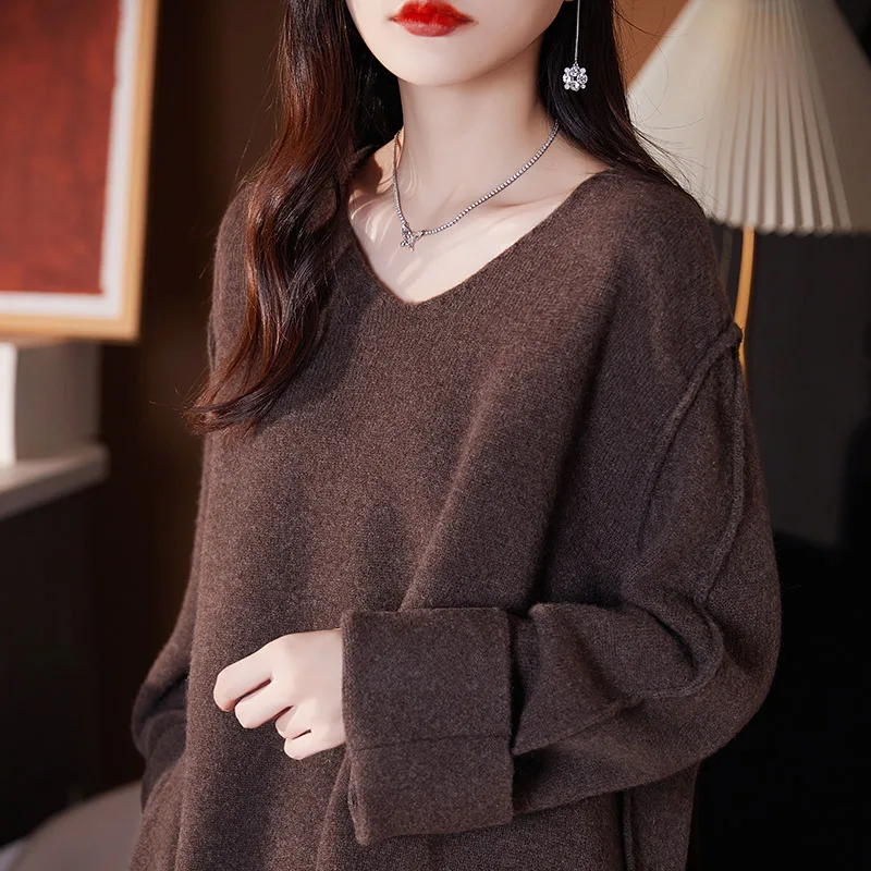 V-neck 100% wool sweater women's autumn and winter long sleeved knitted sweater loose and lazy style plus size cashmere sweater