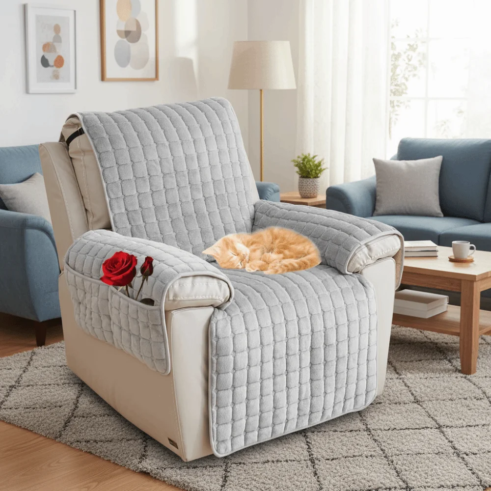 Elastic Band 1 Seat Recliner Sofa Cover Non-Slip Wear Resistant Single-seat Slipcover Warm with Armrests Pockets Chair Cover