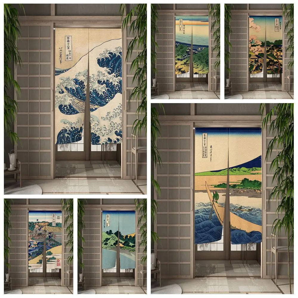 Japanese Kanagawa Ukiyoe Door Curtain Waves Mount Fuji Landscape Kitchen Living Room Decor Partition Entrance Linen Half Curtain