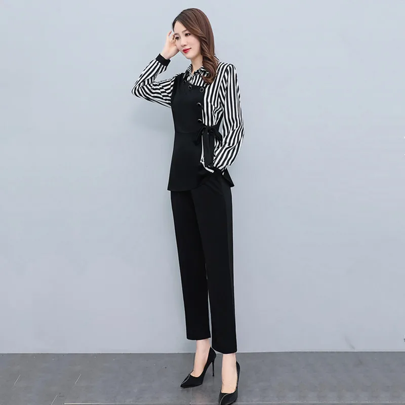Ensembles de pantalons à manches longues patchwork rayé pour femmes, tenues deux pièces surdimensionnées à la mode, vêtements de bureau élégants, nouvelle collection printemps 2024
